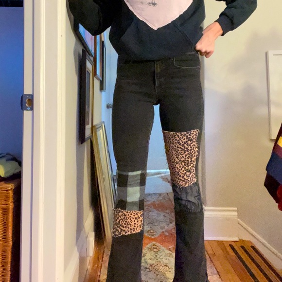 Bespoke patched mid-rise extra stretchy flare washed black denim - Picture 9 of 16